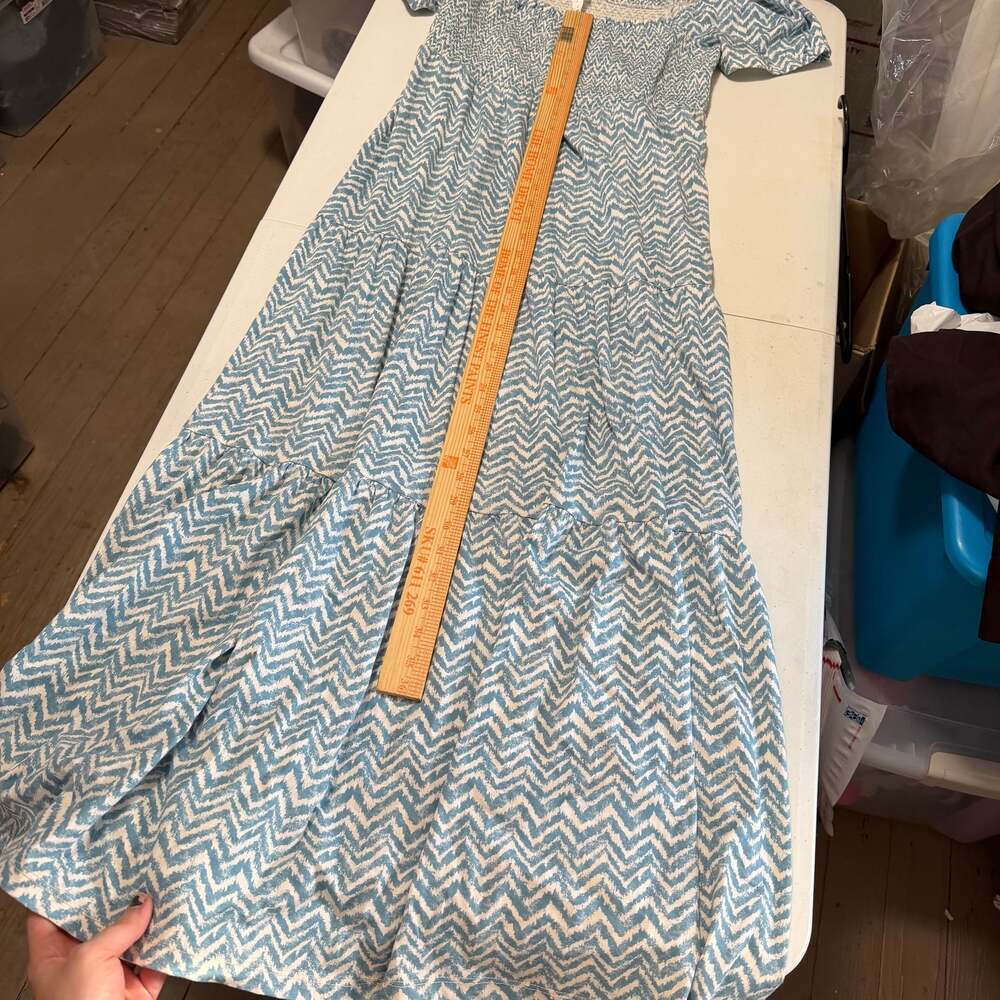 Daily Practice Anthropologie Blue White Chevron Smocked Tiered Maxi Dress Small - Picture 7 of 8